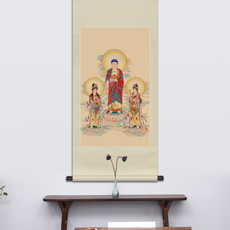 工笔人物佛像国画西方三圣观音菩萨画像玄关中式卷轴画框装饰挂画
