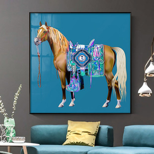美式客厅装饰画画骑士马轻奢骏马挂画橙色蓝色正方形别墅玄关画