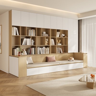 原木风家用客厅书房书架书柜带卡座定制一体到顶组合满墙置物收纳