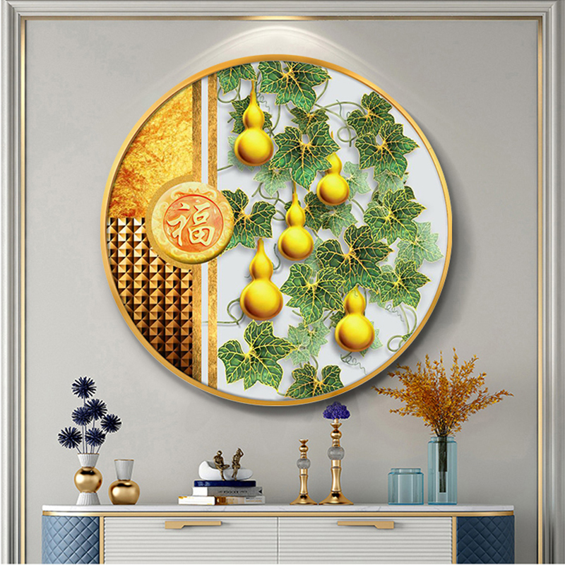 五福临门圆形玄关装饰画进门过道福鹿挂画新中式晶瓷葫芦餐厅壁画图片