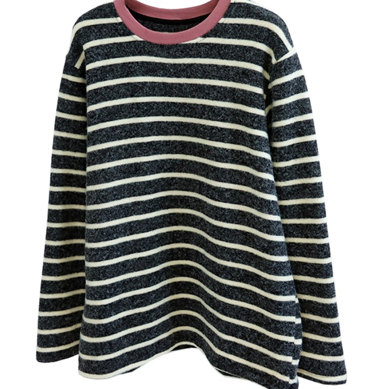 兔子毛绒条纹t恤女士秋冬2023羊毛衬里加厚宽松中长覆盖臀部的衬