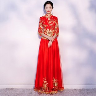 显瘦旗袍大码 中式 美新娘敬酒服修身 2020新春款 结婚秀禾礼服七分袖