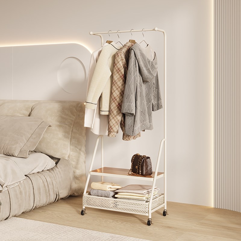 YANASO奶油风家用卧室可移动带轮落地床头柜挂衣架一体收纳衣帽架
