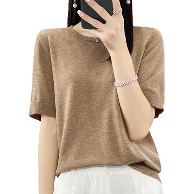 超细羊毛短袖针织T恤女宽松圆领上衣2024新款空调房薄款打底小衫