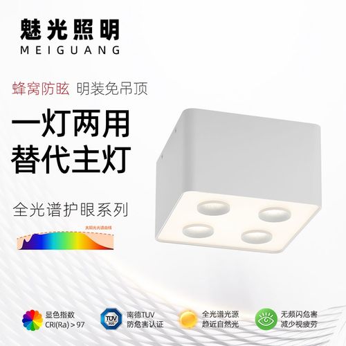魅光照明 明装射灯筒灯一体家用客厅卧室吸顶双头四头泛光斗胆灯