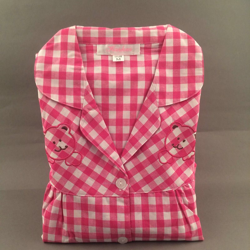 春秋女士色织粗布格子短袖长裤全棉棉布睡衣中年妈妈大码绣花睡衣