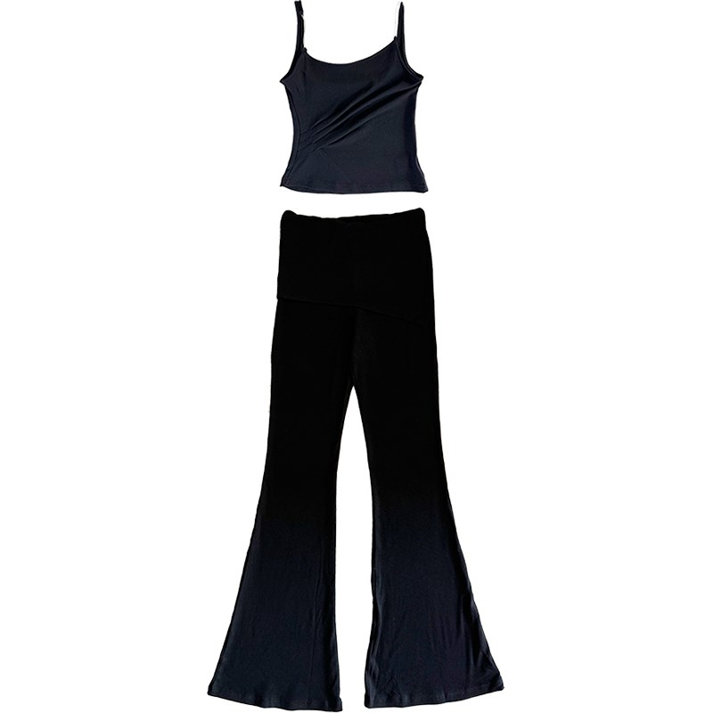 VJISHA新款黑色修身加长喇叭裤套装设计感吊带超模裤两件套高个子