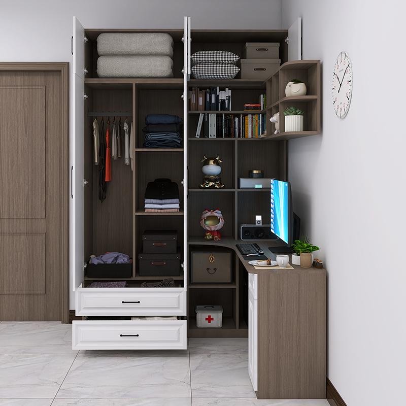 衣柜书桌一体组合转角儿童房小户型实木带书柜加拐角梳妆台电脑桌