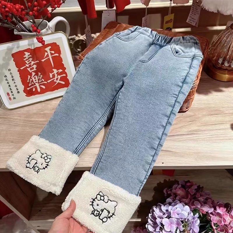 韩国童装女童加绒牛仔裤2024秋冬中小童可爱卡通羊羔毛拼接直筒裤,童装/婴儿装/亲子装,儿童牛仔裤,淘宝优惠券,粉丝福利购,淘宝优惠卷