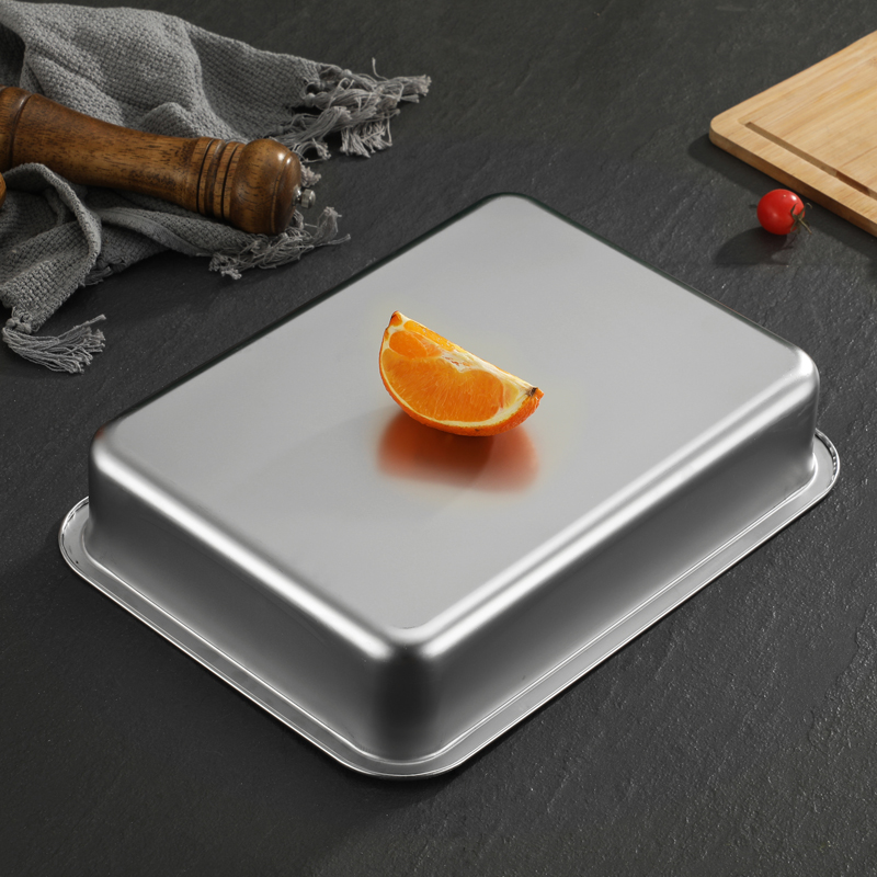 特厚304不锈钢方盘平底餐盒带盖蒸饭盘卤菜长方形大号油炸盆60*40