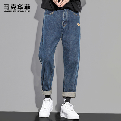 马克华菲牛仔裤男秋冬加绒加厚潮牌ins复古痞帅青少年直筒长裤子