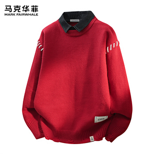 马克华菲毛衣男款潮流本命年红色假两件解构设计感翻领宽松针织衫