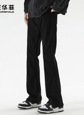 马克华菲牛仔裤男款秋冬加绒潮牌美式高街黑色裤子痞帅微喇弯刀裤