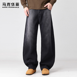 马克华菲牛仔裤男款潮牌美式高街复古加绒加厚保暖磨白廓形弯刀裤