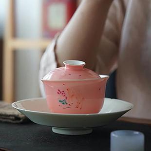 沐云言物一鹿莲升釉上彩清新盖碗手绘茶壶粉色陶瓷手工拉胚泡茶碗