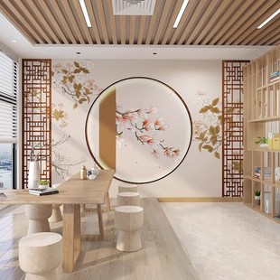 花鸟木纹格栅墙纸客厅沙发玄关屏风茶室书房古风剧本杀壁纸 新中式