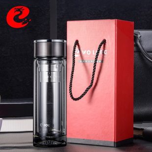 送人水杯男便携过滤喝水杯子 卧龙双层玻璃杯隔热加厚泡茶杯礼盒装