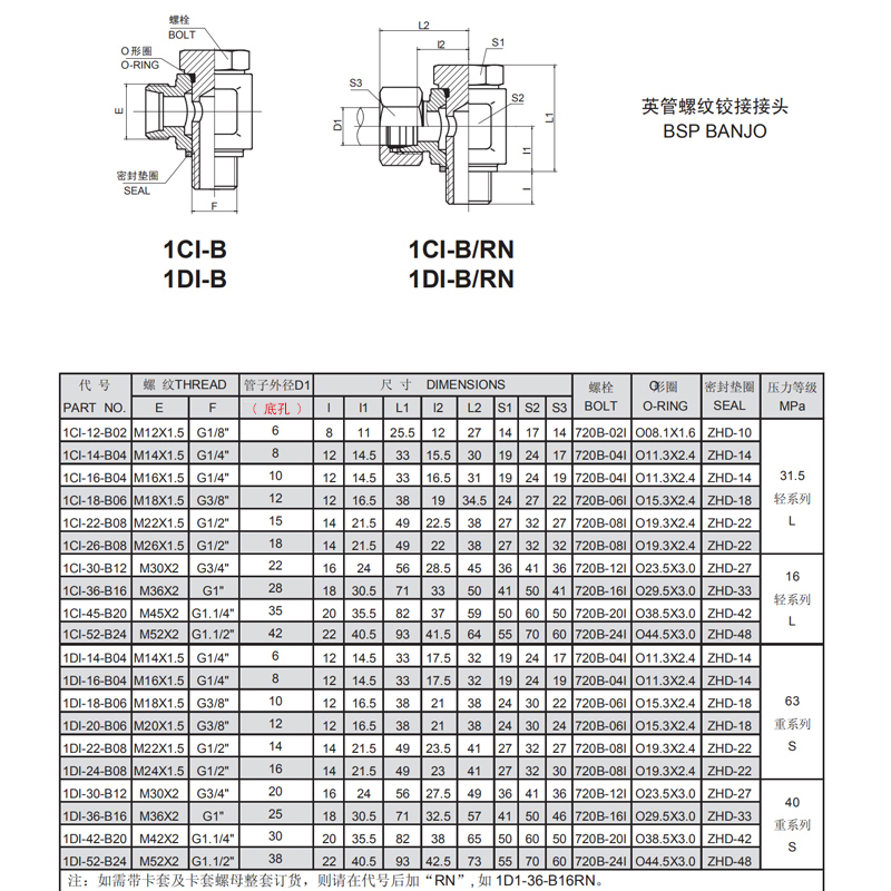 1DI-B英制螺栓铰接式接头24度锥可调向液压接头卡套式重型不锈钢