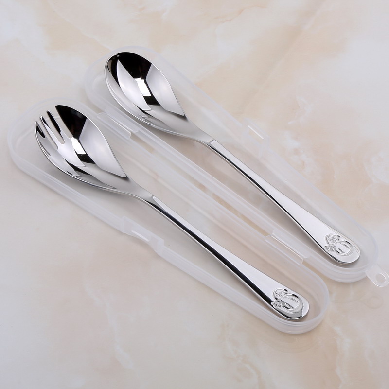 304不锈钢儿童汤勺饭勺餐叉勺一体卡通宝宝小号便携勺叉套装加深