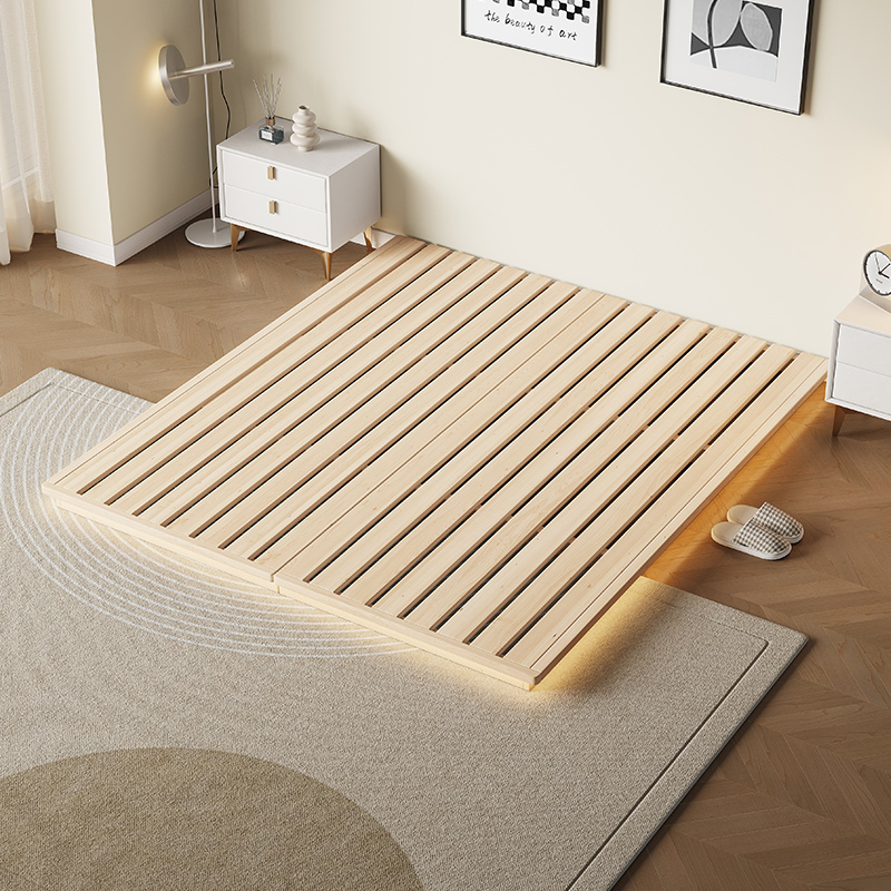 实木日式榻榻米地台架子感应彩灯带悬浮矮床简约酒店无床头排骨架