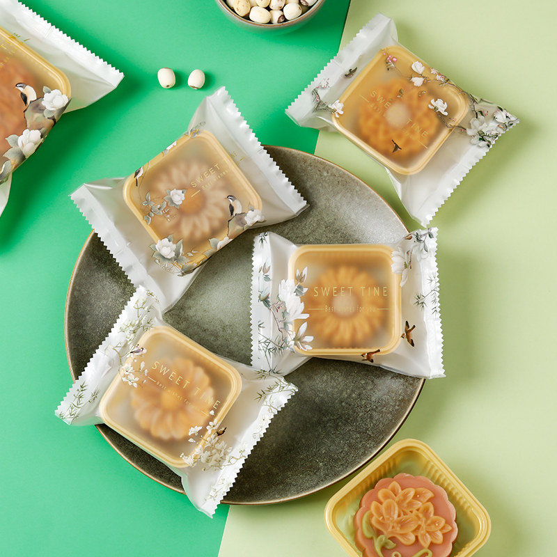 花鸟月饼包装袋带底托盒2022中秋蛋黄酥机封袋50克100g80冰皮袋子
