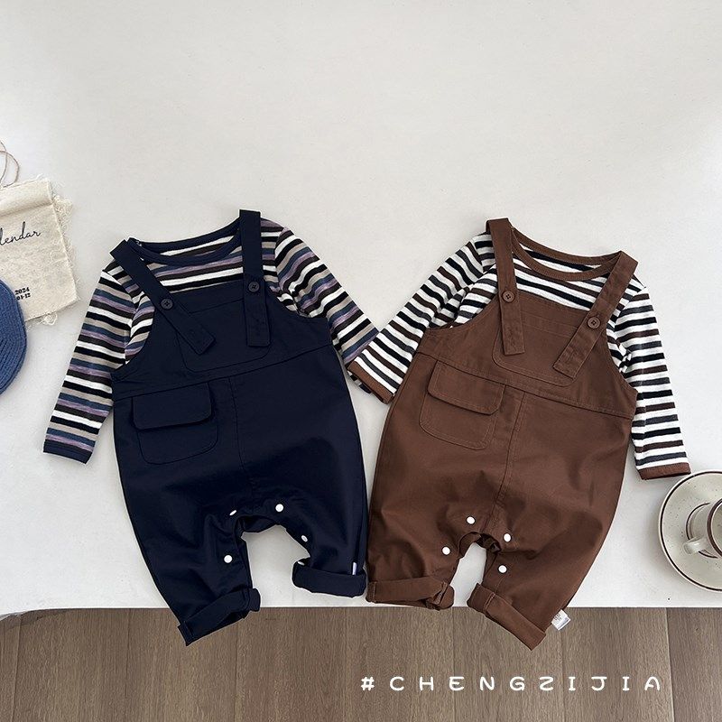 男童洋气背带裤套装新款宝宝春秋装彩色条纹长袖T恤婴儿连体衣服,童装/婴儿装/亲子装,套装,淘宝优惠券,粉丝福利购,淘宝优惠卷