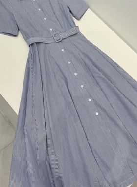 柜子700+!仅一批速度收!夏季棉质收腰衬衫裙短袖条纹连衣群Q115