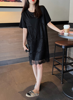 蕾丝假两件显瘦宽松黑色夏装遮肉2022新款大码胖mm连衣裙休闲洋气