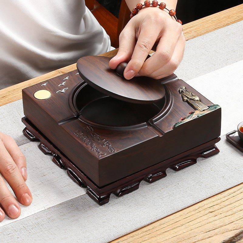 黑檀实木烟灰缸带盖家用防风烟灰缸创意个性潮流客厅大号复古中式