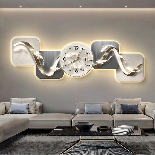 现代轻奢九鱼图客厅装饰画带钟表创意抽象灯画沙发背景墙高档壁画