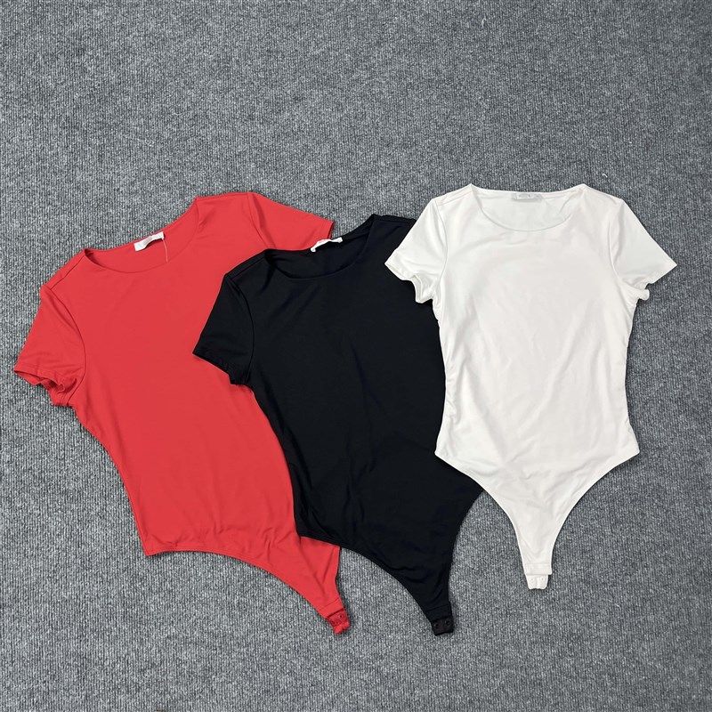 H2298夏季新款女装纯色圆领双层定位衣舒适弹力修身短袖连体衣