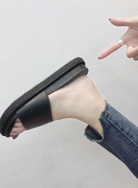 拖鞋女夏2024夏季新款韩版时尚百搭黑色厚底室外穿平底一字拖鞋女