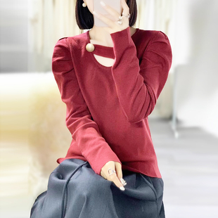 修身 秋季 上衣女2023新款 设计感纯色镂空钮扣泡泡袖 毛衣女 针织衫