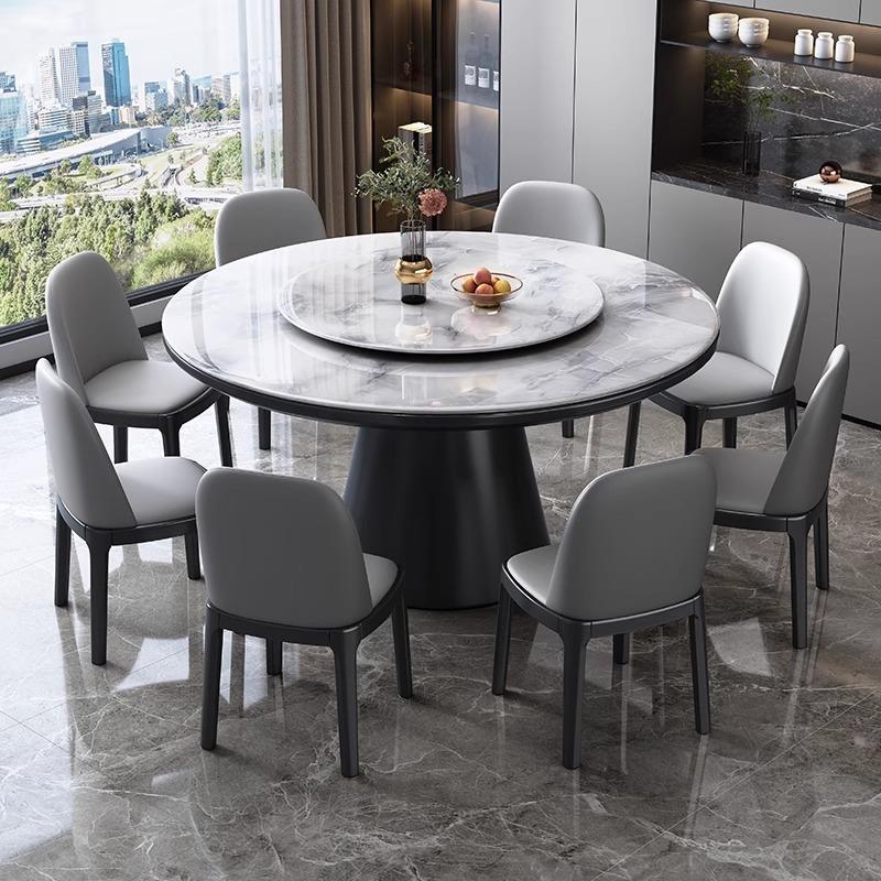 高端微晶石餐桌椅组合现代简约大理石圆桌家用超晶石实木圆形饭桌