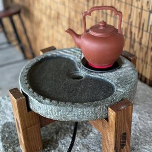石头围炉煮茶炉四季茶具老物件石磨盘电煮茶炉石磨茶盘老石器茶台