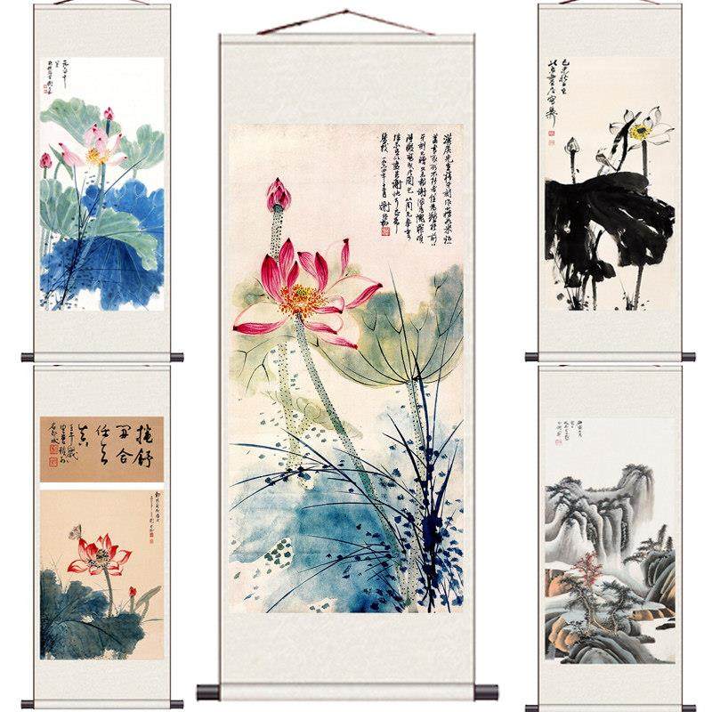 粉色荷花图丝绸画客厅办公室挂画风水卷轴国画字画牡丹画吉祥装饰,家居饰品,国画,淘宝优惠券,粉丝福利购,淘宝优惠卷