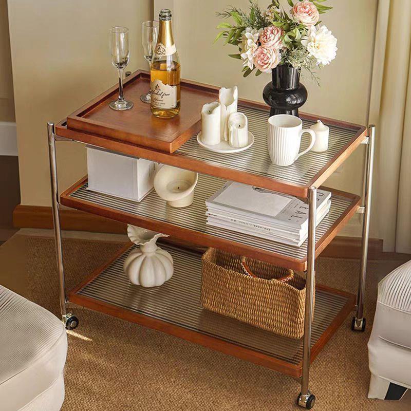 复中古可移动沙发柜茶边几桌子玻璃小推车家用客厅床头收纳置物架
