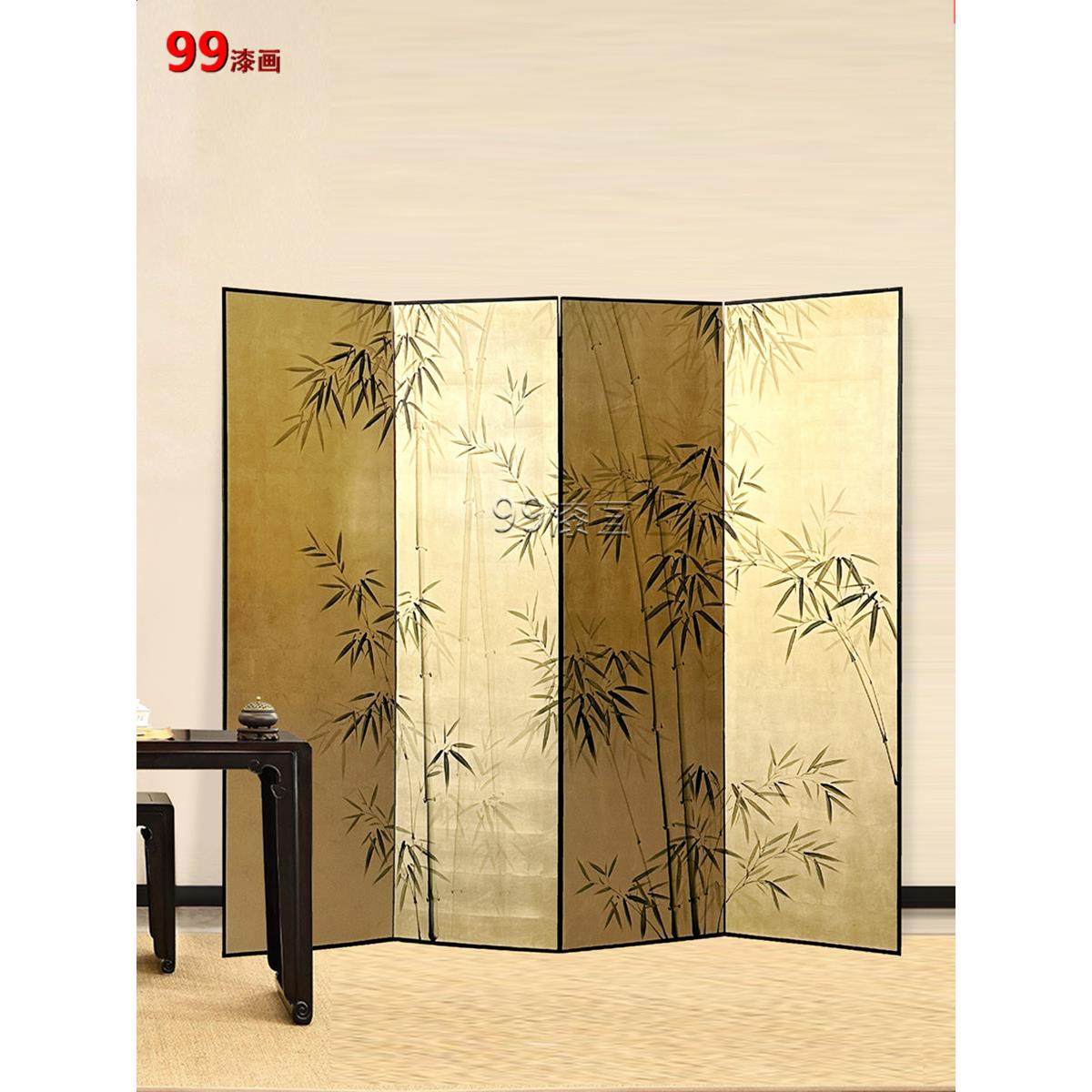 99漆画手绘竹金箔屏风客厅隔断四扇屏风新中国风茶室定制