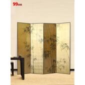 99漆画手绘竹金箔屏风客厅隔断四扇屏风新中国风茶室定制
