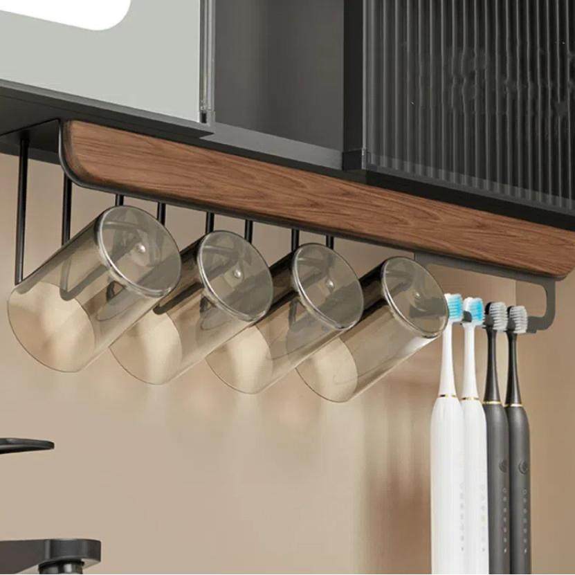 胡桃木卫生间镜柜下磁吸漱口杯牙刷置物架免打孔柜底倒挂牙杯架子