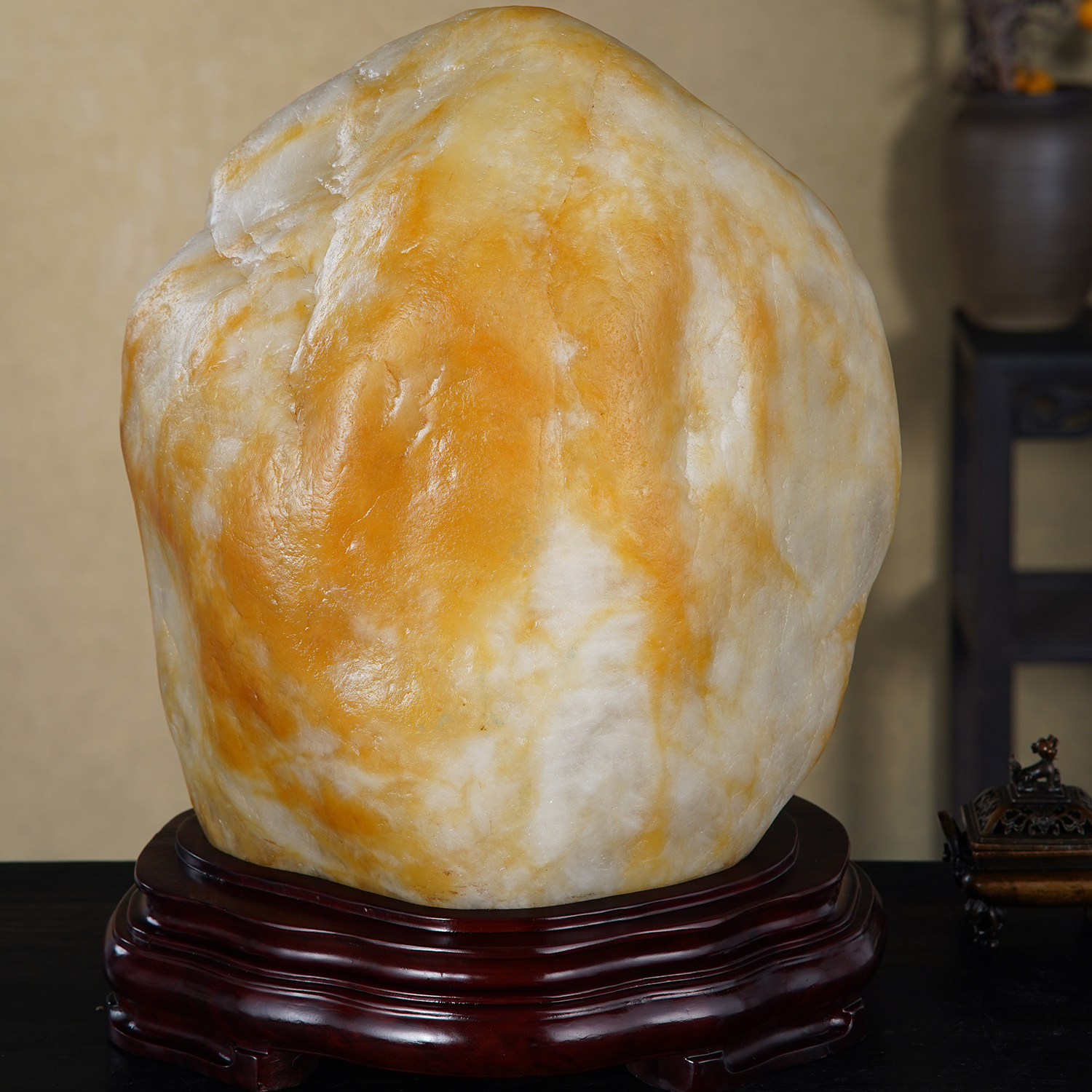顶爷天然原石奇石【金岳寿山】收藏金白色寿桃屋后路冲靠山黄蜡石