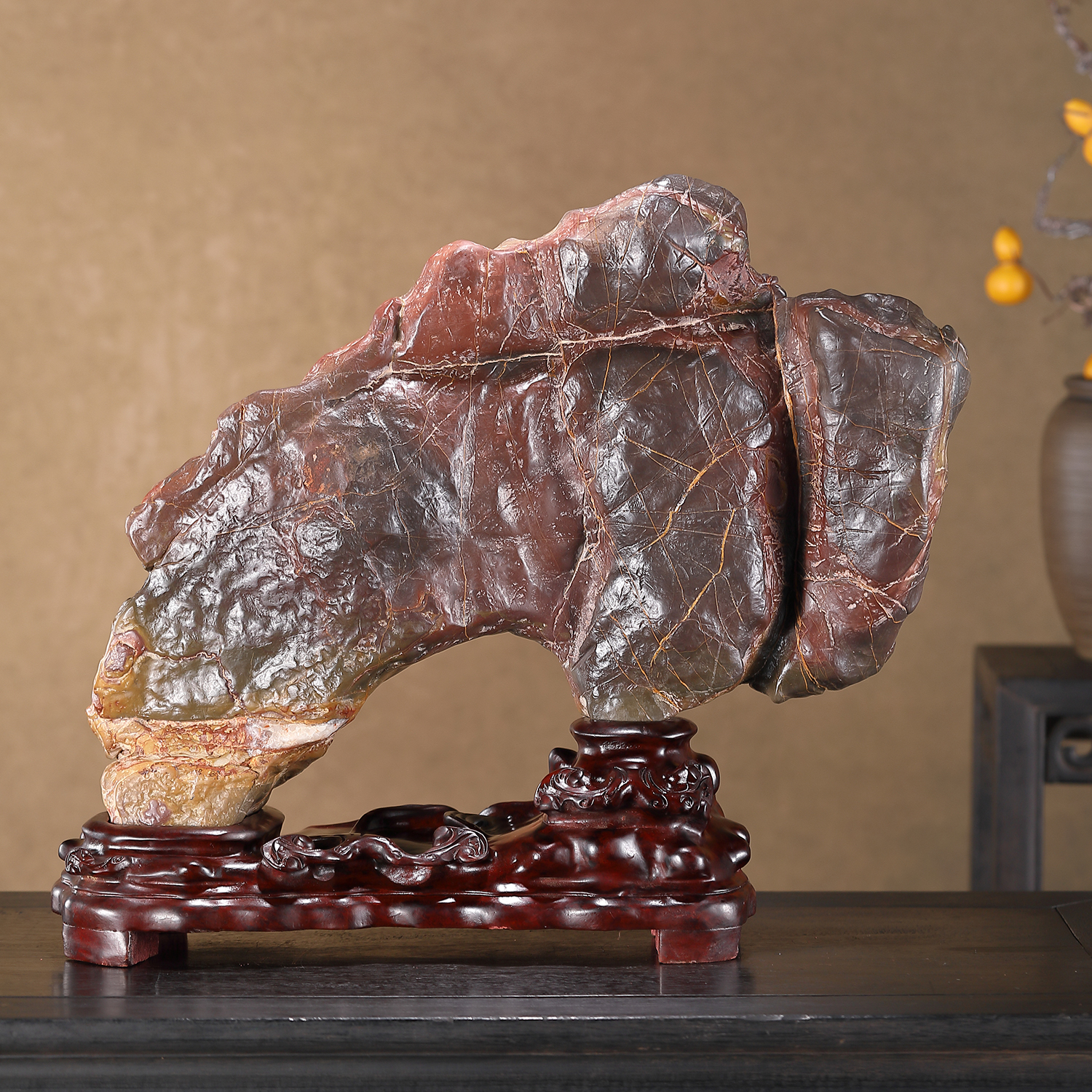 顶爷天然原石奇石【福运金牛红彩灵璧石】收藏招财镇宅靠山石摆件