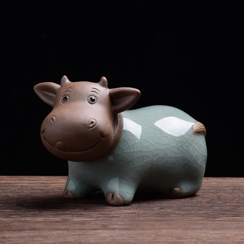 创意哥窑牛茶宠摆件陶瓷家居装饰品招财十二生肖萌牛可爱礼品茶玩