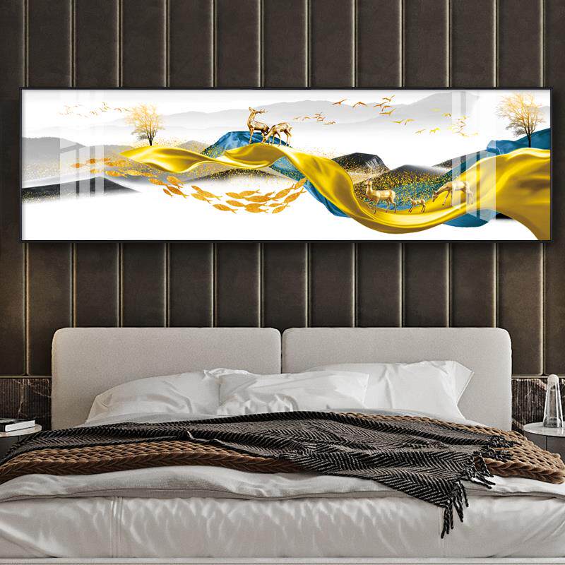 现代简约大气装饰画家居床头壁画卧室挂画晶瓷轻奢鎏金麋鹿山水画
