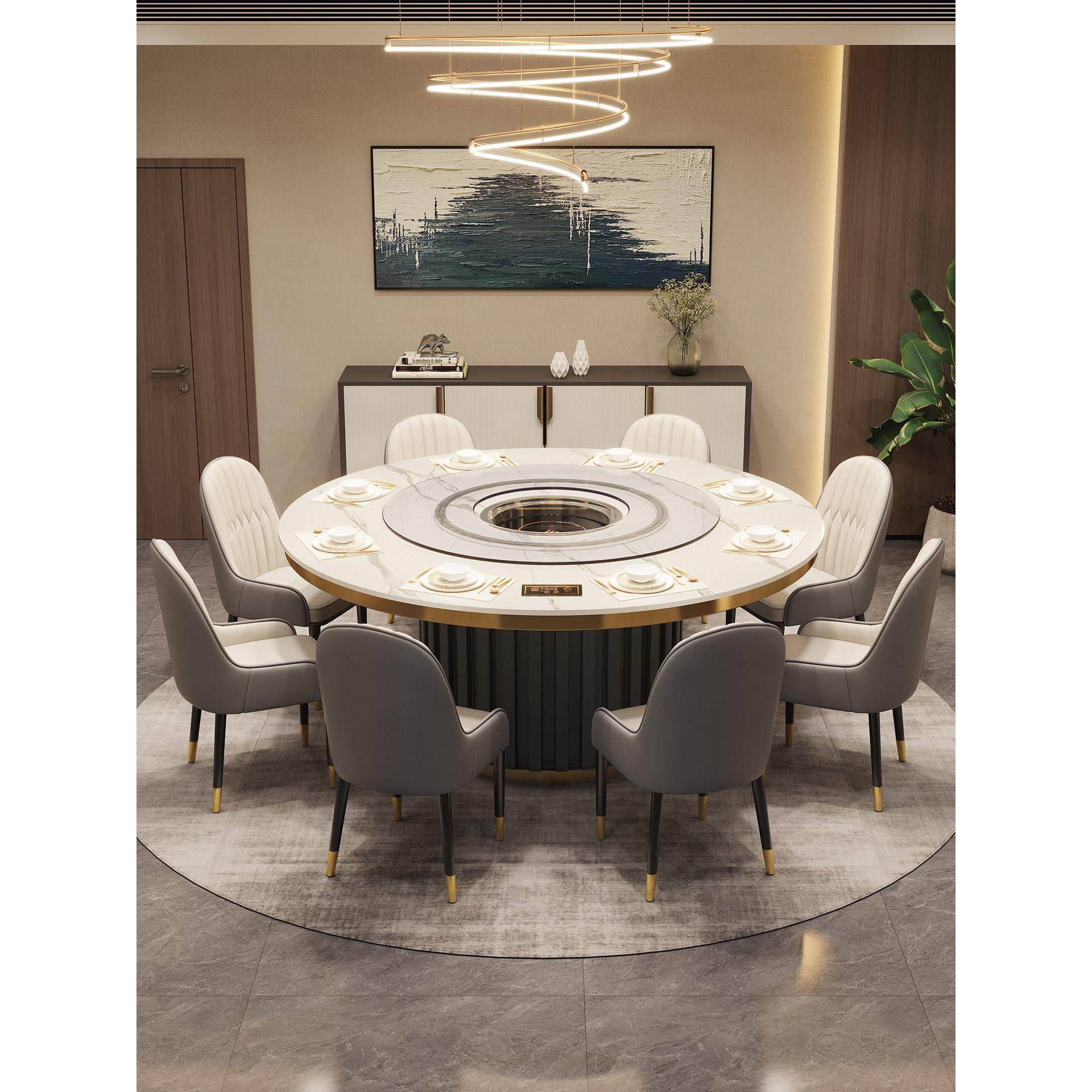 轻奢岩板餐桌家用圆桌下沉式火锅桌酒店大圆桌转盘商用电陶炉饭桌,住宅家具,岩板餐桌,淘宝优惠券,粉丝福利购,淘宝优惠卷