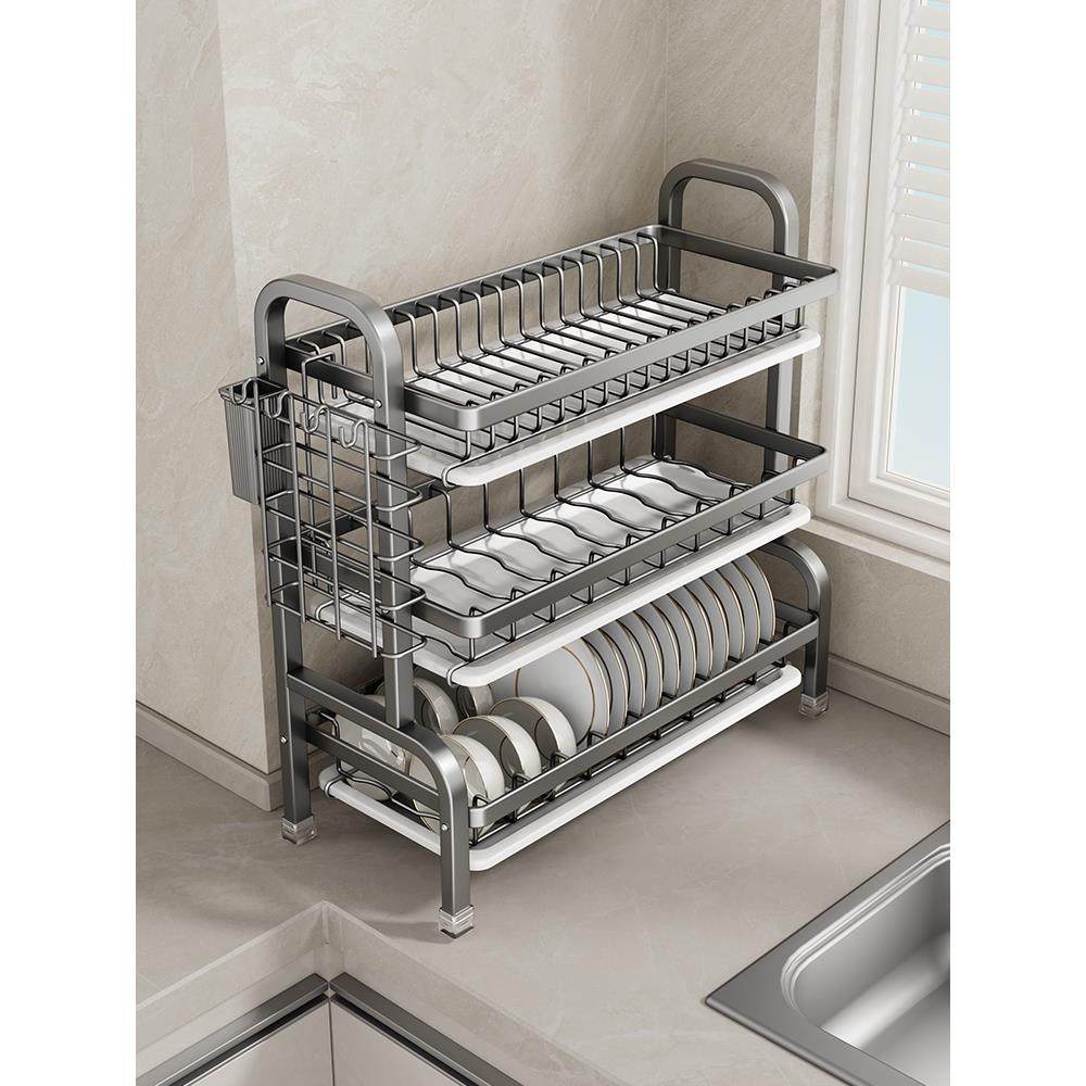 不锈钢厨房置物架碗碟碗盘收纳架沥水架家用放碗架双层碗筷架渔将
