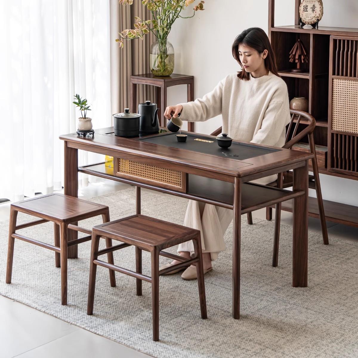 北美黑胡桃木阳台茶桌椅组合小型湿泡茶台实木茶桌嵌入式喝茶桌子