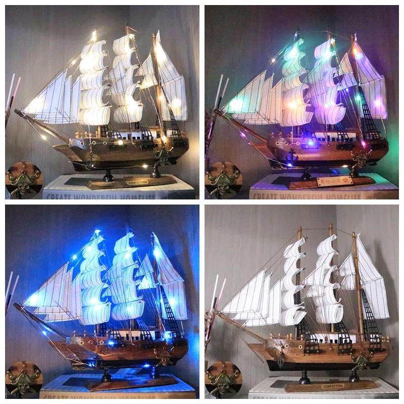 中式实木质一帆风顺手工艺品带灯帆船模型摆件客厅小摆设生日礼物