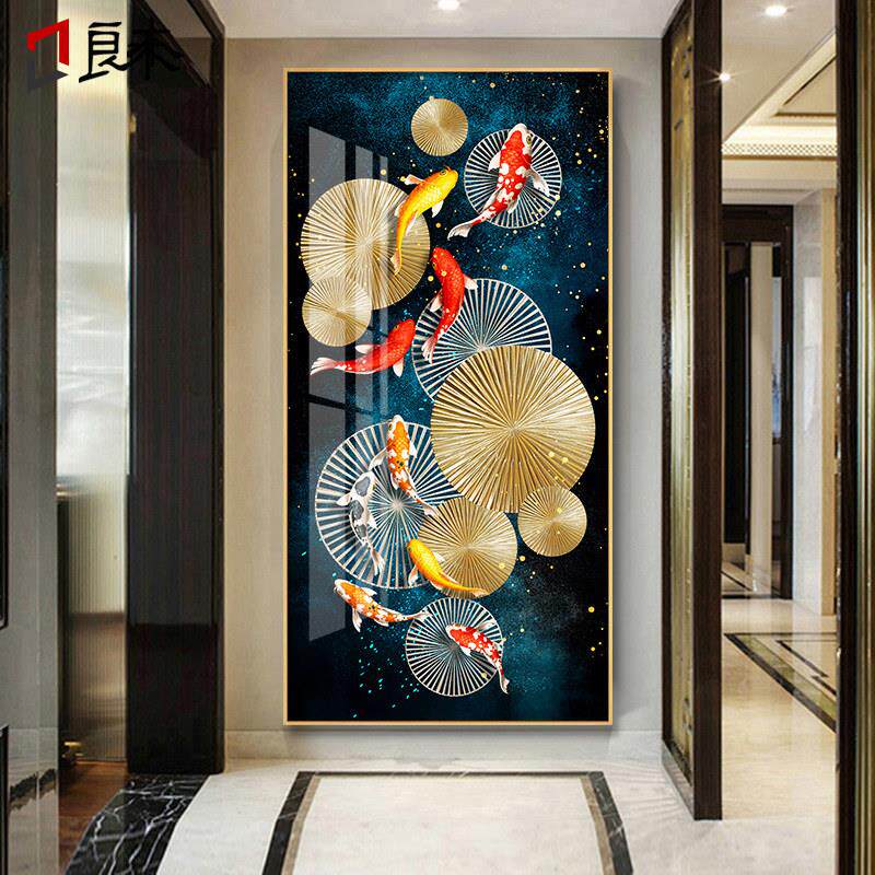 九鱼图玄关装饰画 画入户走廊过道壁画 画晶瓷轻奢现代简约竖版挂