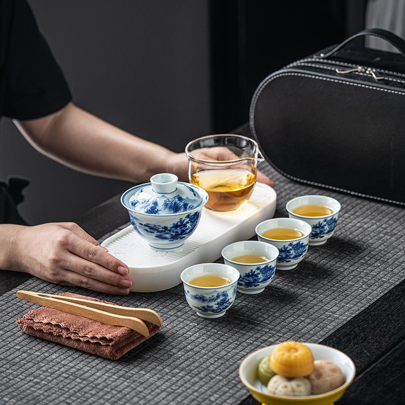 青花瓷盖碗旅行茶具便携式快客杯户外旅游随身功夫茶杯泡茶壶套装